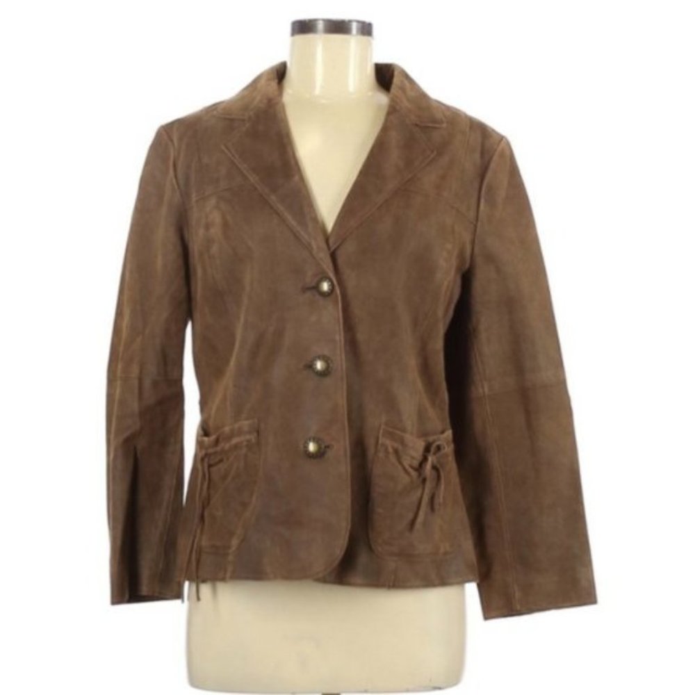 J. JILL Women's Size Petite Medium 100% Leather Brown Jacket with Pockets Boho